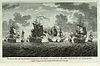 Etching of a naval battle, seven sailing warships on a choppy sea and smoke-filed sky