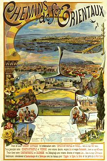 Plakat reklamowy linii kolejowych Chemins de fer Orientaux, składający się z kilku kartuszy z widokami atrakcji turystycznych przy trasie kolei.