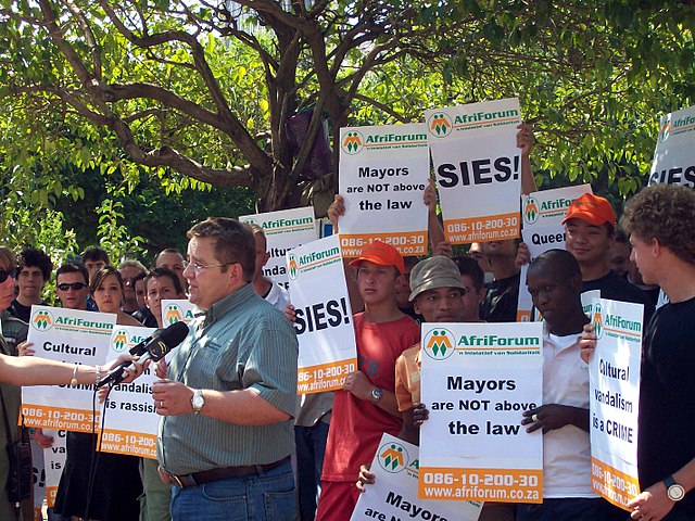 Members and supporters of AfriForum, led by Kallie Kriel, protest outside the Pretoria High Court in 2008