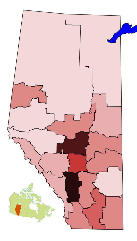 Population density map of Alberta census divisions (people/km²) .mw-parser-output .legend{page-break-inside:avoid;break-inside:avoid-column}.mw-parser-output .legend-color{display:inline-block;min-width:1.25em;height:1.25em;line-height:1.25;margin:1px 0;text-align:center;border:1px solid black;background-color:transparent;color:black}.mw-parser-output .legend-text{}  0-1   1.1-2   2.1-5   5.1-10   10.1-20   20.1-40   40.1-60   60.1-80   >80