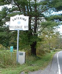 Route 71 enters Hillsdale from Alford, Massachusetts. Note the Knox Trail marker at the foot of the town line sign. Alford - Entering NY.JPG