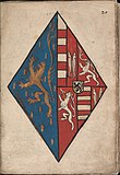 Alliantiewapen Nassau Loon-Heinsberg - Escudo de armas de la Alianza de Nassau Loon-Heinsberg - Wapenboek Nassau-Vianden - KB 1900 A 016, folium 20r.jpg