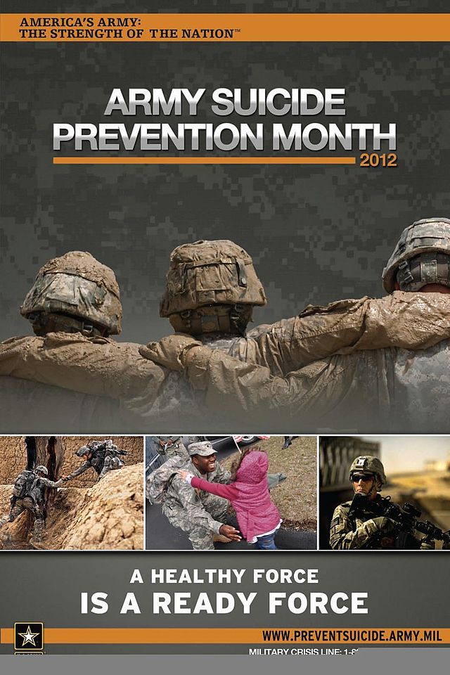 A suicide prevention poster shows a photograph of three American soldiers with their arms around each other, facing away from the camera.