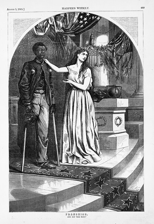 "And Not This Man?", Harper's Weekly, August 5, 1865. Thomas Nast drew this cartoon; in 1865 he, like many Northerners, remembered blacks' military se
