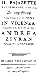 Anonym – Il Bajazette – Titelseite des Librettos – Vicenza 1738