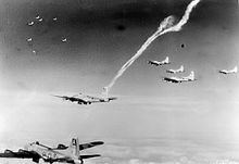 B-17s of the 410th Bomb Squadron on a mission over occupied Europe B-17-94thbg-bassingborne.jpg