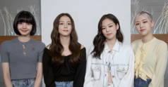 Blackpink posing for a photo with a white background. From left to right, Lisa, Jisoo, Jennie and Rosé.