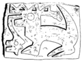 Bajorrelieve encontrado en Cabana, región Ancash, Perú, cultura Pashas, según grabado en publicación de Charles Wiener, 1880, representando cuadrúpedo con lengua y crin terminadas en serpientes