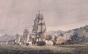 Acuarela anónima de la batalla de la isla de Valcour en la guerra de independencia estadounidense.