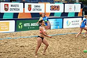 Deutsch: Beachhandball Europameisterschaften 2019 (Beach handball Euro); Tag 5: 6. Juli 2019 – Frauen, Platzierungsspiel für die Ränge 17–20, Nordmazedonien-Slowenien 0:2 (10:13, 9:15) English: Beach handball Euro; Day 5: 6 July 2019 – Placement Match/Cross Match for rank 17–20 Women – North Macedonia-Slovenia 0:2 (10:13, 9:15)