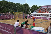 Deutsch: Beachhandball bei den Olympischen Jugendspielen 2018; Tag 7, 13. Oktober 2018; Jungen, Finale – Portugal-Spanien 1:2 English: Beach handball at the 2018 Summer Youth Olympics at 13 October 2018 – Boys Gold Medal Match – Portugal-Spain 1:2