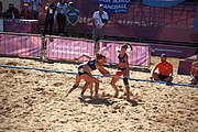 Deutsch: Beachhandball bei den Olympischen Jugendspielen 2018; Tag 3, 10. Oktober 2018; Mädchen, Vorrunde, Gruppe B - Niederlande-Argentinien 2:0 English: Beach handball at the 2018 Summer Youth Olympics at 10 October 2018 – Girls Preliminary Round Group B‎ – Netherlands-Argentina 2:0