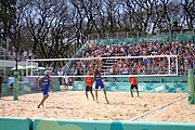 Deutsch: Beachvolleyball bei den Olympischen Jugendspielen 2018; Tag 11, 17. Oktober 2018; Jungen,Finale – Niederlande (Matthew Immers/Yorick de Groot)-Schweden (David Åhman/Jonatan Hellvig) 0:2 (20–22/15–21) English: Beach volleyball at the 2018 Summer Youth Olympics at 17 October 2018 – Final – Netherlands (Matthew Immers/Yorick de Groot)-Sweden (David Åhman/Jonatan Hellvig) 0:2 (20–22/15–21)