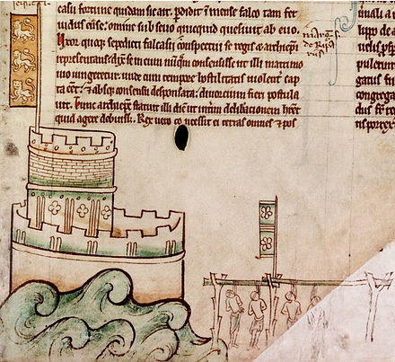 Bedford Castle and the execution of the garrison in 1224 (Matthew Paris)