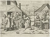 Farmer's wife dancing the egg dance label QS:Len,"Farmer's wife dancing the egg dance" 1558. engraving. engraving. 22.5 × 30.8 cm (8.8 × 12.1 in). Amsterdam, Rijksmuseum Amsterdam.