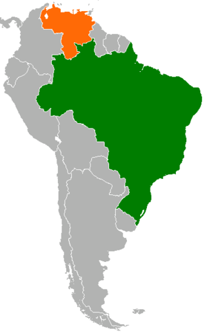 Mapa indicando localização do Brasil e da Venezuela.