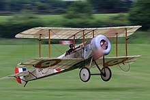 The Bremner family's Scout C #1264 reproduction taking off under Le Rhone 9C power, summer 2017 Bristol Scout (35004414011).jpg