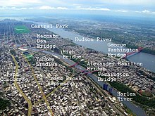 A diagram of the Harlem River. Although not labeled, the towers are the two tall buildings to the left of the river, in the bottom right corner (on the east bank). Bronx and Harlem with toponyms.jpg