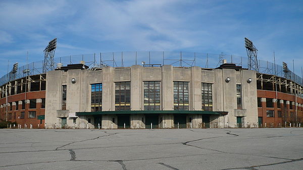 Bush Stadium in 2009 prior to the demolition of the grandstands. The light tower and facade have since been incorporated into a new building.