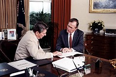 Ronald Reagan was initiated into Tau Kappa Epsilon at Eureka College in Eureka, Illinois and George H. W. Bush was a member of Delta Kappa Epsilon at Yale University. Bush reagan.jpg