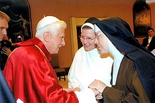 CMSWR Chairperson Sister Regina Marie Gorman in a Papal Audience with Pope Benedict XVI at the Apostolic Palace, Vatican City, Rome. CMSWR Soeur Reginae Gorman Photo.jpg