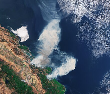 Northern California with fires near Pacific coast on 9 October 2017, taken by Copernicus Sentinel-3A satellite (Wikipedia article → en:October 2017 Northern California wildfires)