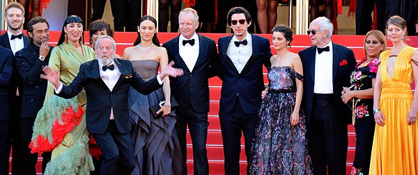 Pryce with Adam Driver, Stellan Skarsgård, and Terry Gilliam at premiere of The Man Who Killed Don Quixote at the 2018 Cannes Film Festival