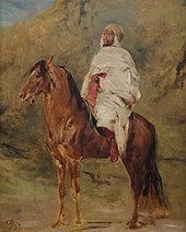 Peinture représentant un homme habillé en blanc sur un cheval brun