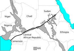 The West and Central African Rift System, with the Central African Shear Zone labeled CASZ Central African Shear Zone.svg