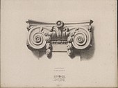 Print of a Louis XIV style Ionic capital, with a pair of festoon-inspired ornaments on its volutes