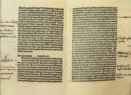 Columbus's copy of The Travels of Marco Polo, with his handwritten notes in Latin written in the margins