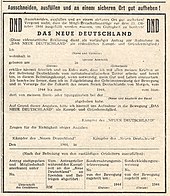 Membership card for the movement Das Neue Deutschland. The top line translates as: "Cut out, fill in and keep well in a safe place!" DND membership form.jpg