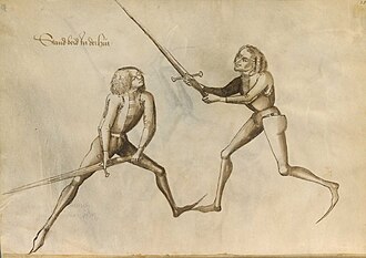 Talhoffer's Fechtbuch (1467), Plate 25. Two longsword fencers De Fechtbuch Talhoffer 025.jpg