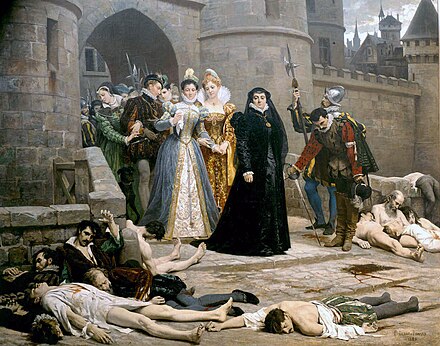 《卢浮宫门外的某日早上》：穿着丧服的凯瑟琳王太后在巡视圣巴托洛缪大屠杀后的积尸遍地（1880年画作）