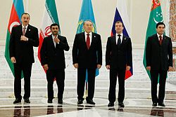 Kazakhstan and Azerbaijan both reached an agreement on the legal status of Caspian Sea in a short time. Caspian Sea is also surrounded by Russia, Iran and Turkmenistan. Dmitry Medvedev in Azerbaijan 18 November 2010-4.jpeg