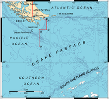 Drake Passage showing the boundary points A, B, C, D, E and F accorded by the Treaty of Peace and Friendship of 1984 between Chile and Argentina Drake passage en.png