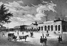 The entrance building of the Schlesischen Bahnhof in a lithograph of about 1850 DresdenSchlesischerBahnhof.jpg