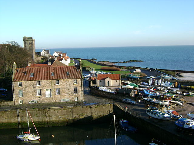 A view of Dysart harbour with Harbourmaster's House and the remains of St Serf's Church being visible to the north-east