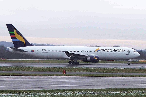 Side view of an Eritrean Airlines 767-300ER, showing CF6 engines