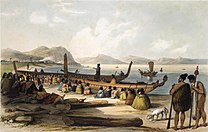 Waka taua (war canoes) at the Bay of Islands, 1827–1828.