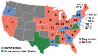 A map of the results of the 1868 U.S. presidential election. In this election, Grant decisively won the electoral vote. ElectoralCollege1868.svg