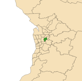 Mapa Adelaide v jižní Austrálii se zvýrazněným volebním obvodem Dunstan