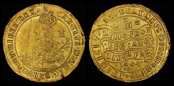 Triple Unite gold coin of 1644: the Latin legend translates as "The religion of the Protestants, the laws of England and the liberty of Parliament. Le