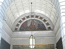 Entrance to Subway Terminal Building before the current owners stripped layers of paint covering the stone. Entrance to Subway Terminal Building.jpg