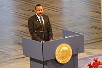 Abiy Ahmed is Prime Minister of Ethiopia and a Nobel Peace prize winner Ethiopian Prime Minister Abiy Ahmed receiving the Nobel Peace Prize in Oslo 2019.jpg