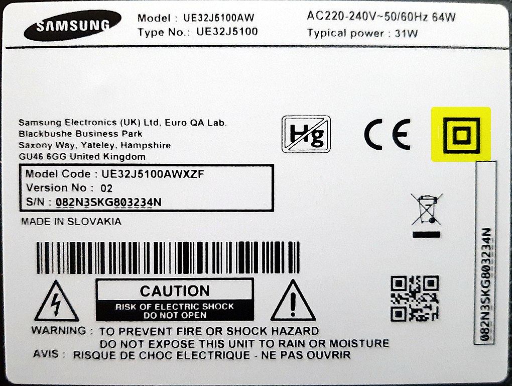 File:Etichetta identificazione Samsung double-insulated-highlighted.jpg - Wikimedia Commons