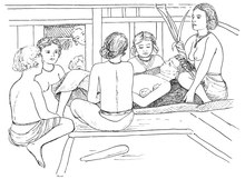 Dibujo en blanco y negro de la casa de una mujer que rodea a un difunto reclinado.