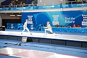 Deutsch: Fechten bei den Olympischen Jugend-Sommerspielen 2018: Tag 1, 7. Oktober 2018, Jungen, Säbel, Kampf um Bronze - Mazen Elaraby (EGY) - Robert Vidovszky (USA) 15:10 English: Fencing at the 2018 Summer Youth Olympics at 7 October 2018 – Boys' sabre Bronze medal match – Mazen Elaraby (EGY) Vs Robert Vidovszky (USA) 15:10