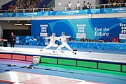 Deutsch: Fechten bei den Olympischen Jugend-Sommerspielen 2018: Tag 1, 7. Oktober 2018, Jungen, Säbel, Finale - Krisztián Rabb (HUN) - Hyun Jun (KOR) (USA) 15:13 English: Fencing at the 2018 Summer Youth Olympics at 7 October 2018 – Boys' sabre Gold medal match – Krisztián Rabb (HUN) Vs Hyun Jun (KOR) (USA) 15:13