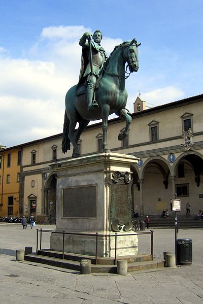 Giambologna's equestrian bronze of Ferdinando I de' Medici, Grand Duke of Tuscany for the Piazza della SS. Annunziata; completed by his assistant, Pie